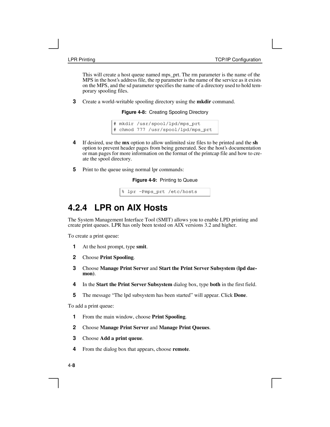 Lantronix MPS100, LPS1-2, LPS1-T manual LPR on AIX Hosts, 8Creating Spooling Directory 