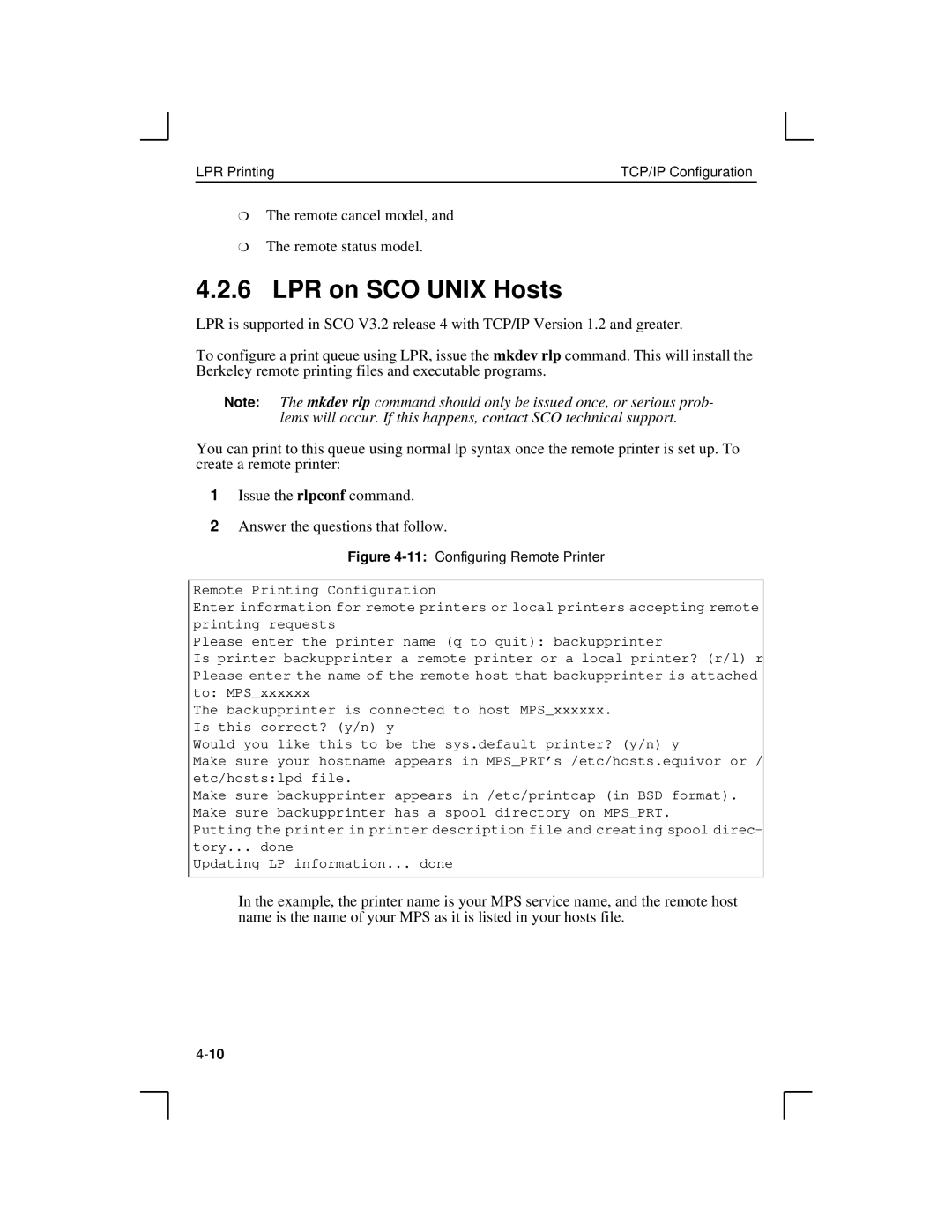 Lantronix LPS1-T, MPS100, LPS1-2 manual LPR on SCO Unix Hosts, 11Configuring Remote Printer 