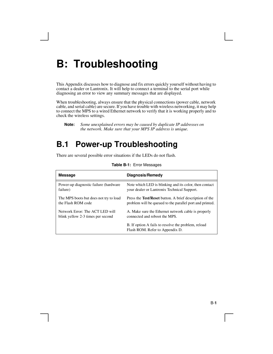 Lantronix LPS1-2, MPS100, LPS1-T manual Power-up Troubleshooting 