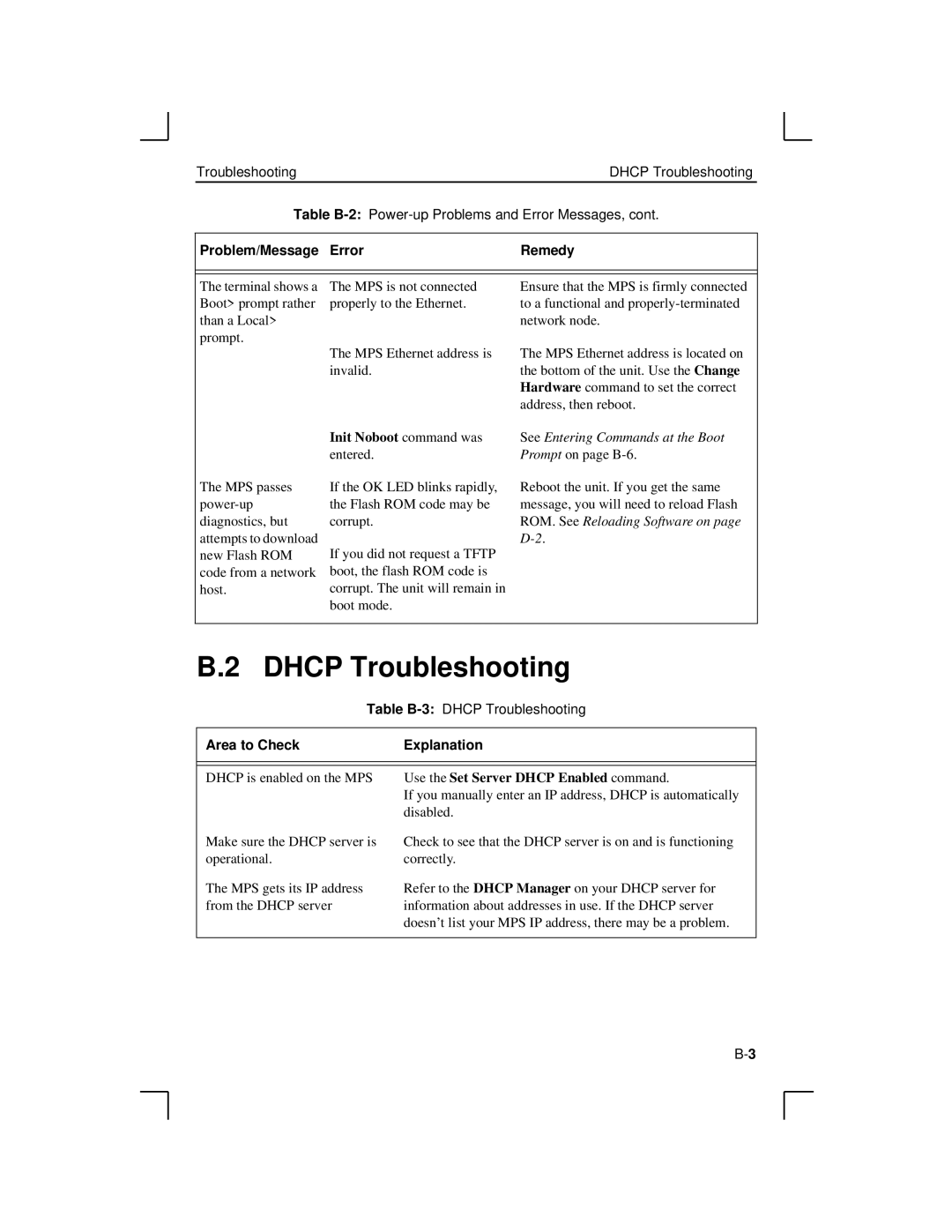 Lantronix MPS100, LPS1-2, LPS1-T manual Dhcp Troubleshooting, Init Noboot command was 