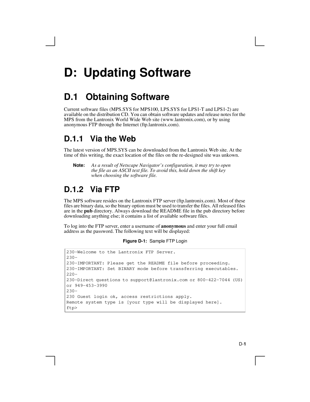 Lantronix LPS1-T, MPS100, LPS1-2 manual Updating Software, Obtaining Software, Via the Web, Via FTP 