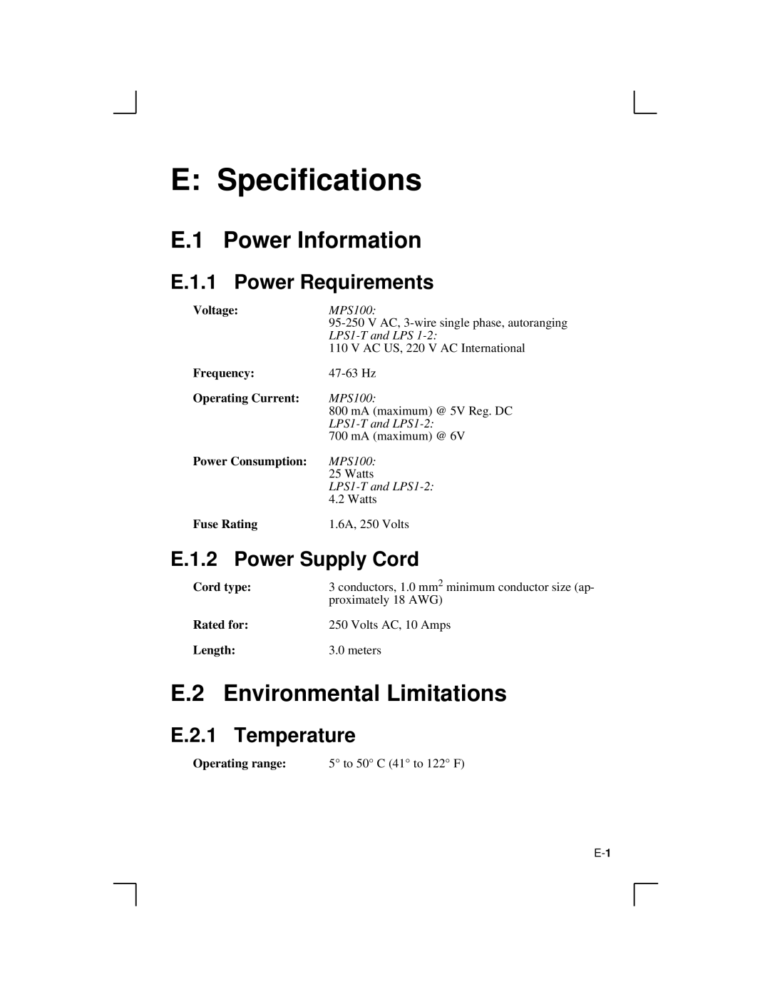 Lantronix MPS100, LPS1-2, LPS1-T manual Environmental Limitations, Power Supply Cord, Temperature 