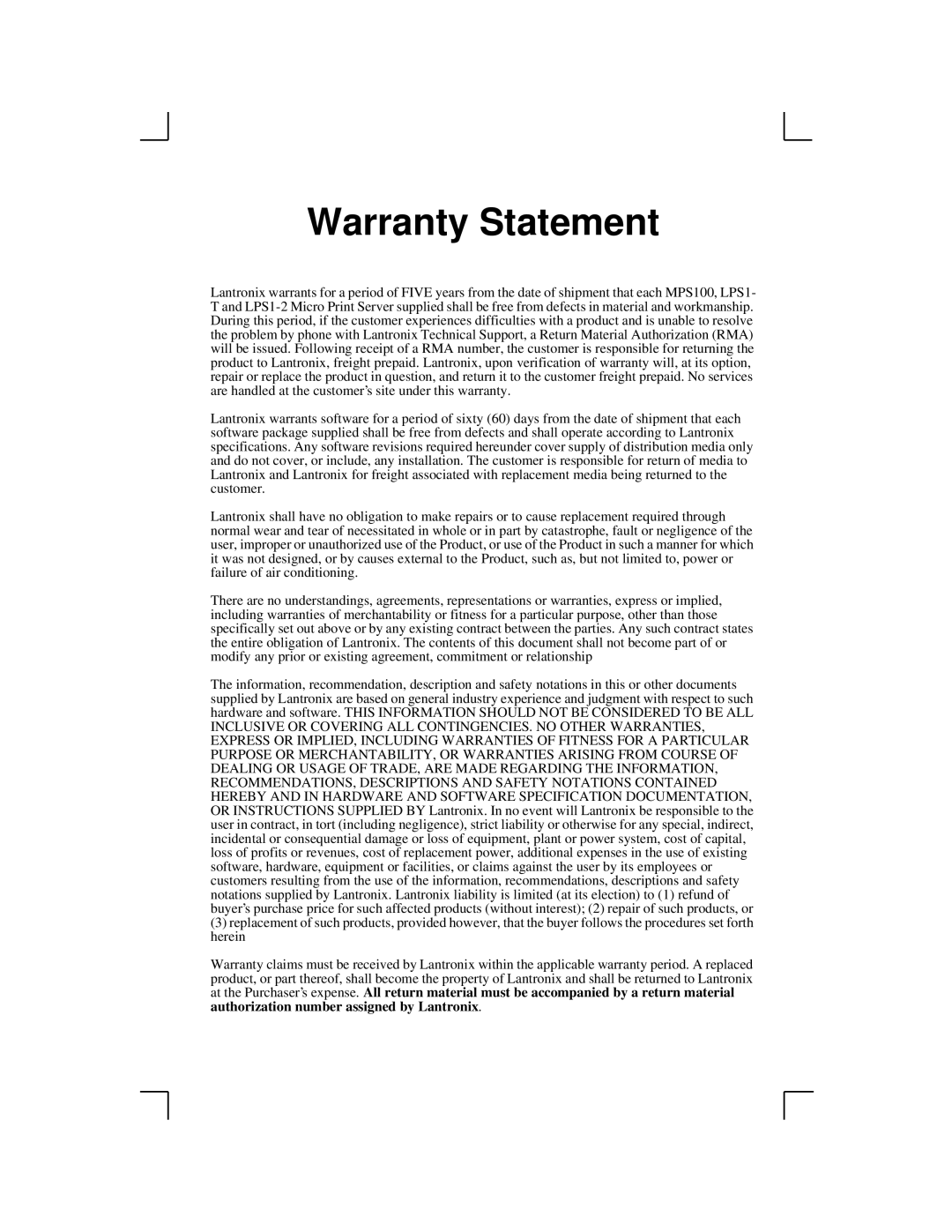 Lantronix LPS1-2, MPS100, LPS1-T manual Warranty Statement 