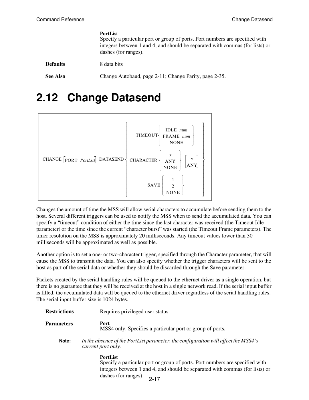 Lantronix MSS manual Change Datasend, Defaults 