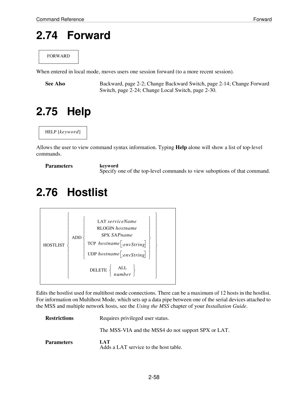 Lantronix MSS manual Forward, Hostlist, Parameterskeyword 