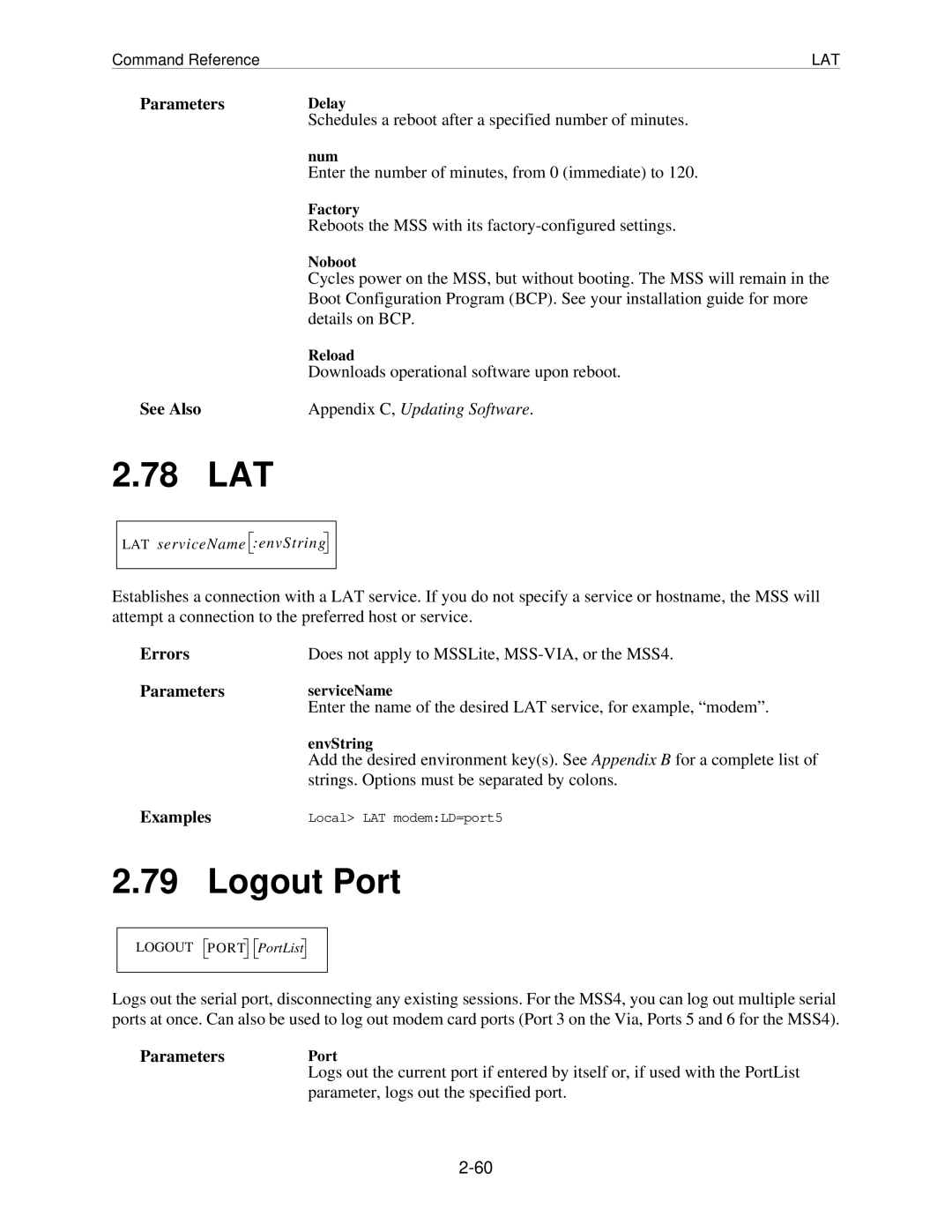 Lantronix MSS manual 78 LAT, Logout Port, ParametersDelay, ParametersserviceName 