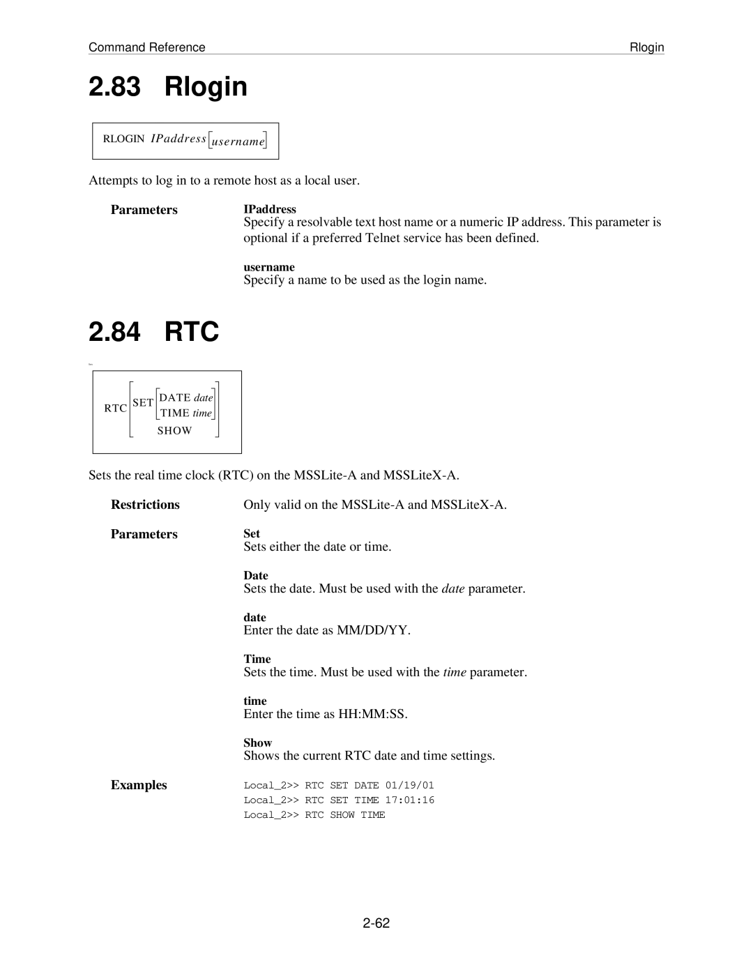 Lantronix MSS manual Rlogin, 84 RTC, ParametersIPaddress 