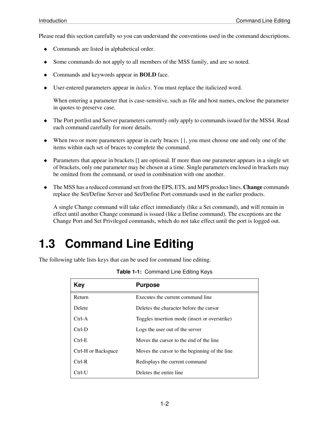 Lantronix MSS manual Command Line Editing, Key Purpose 