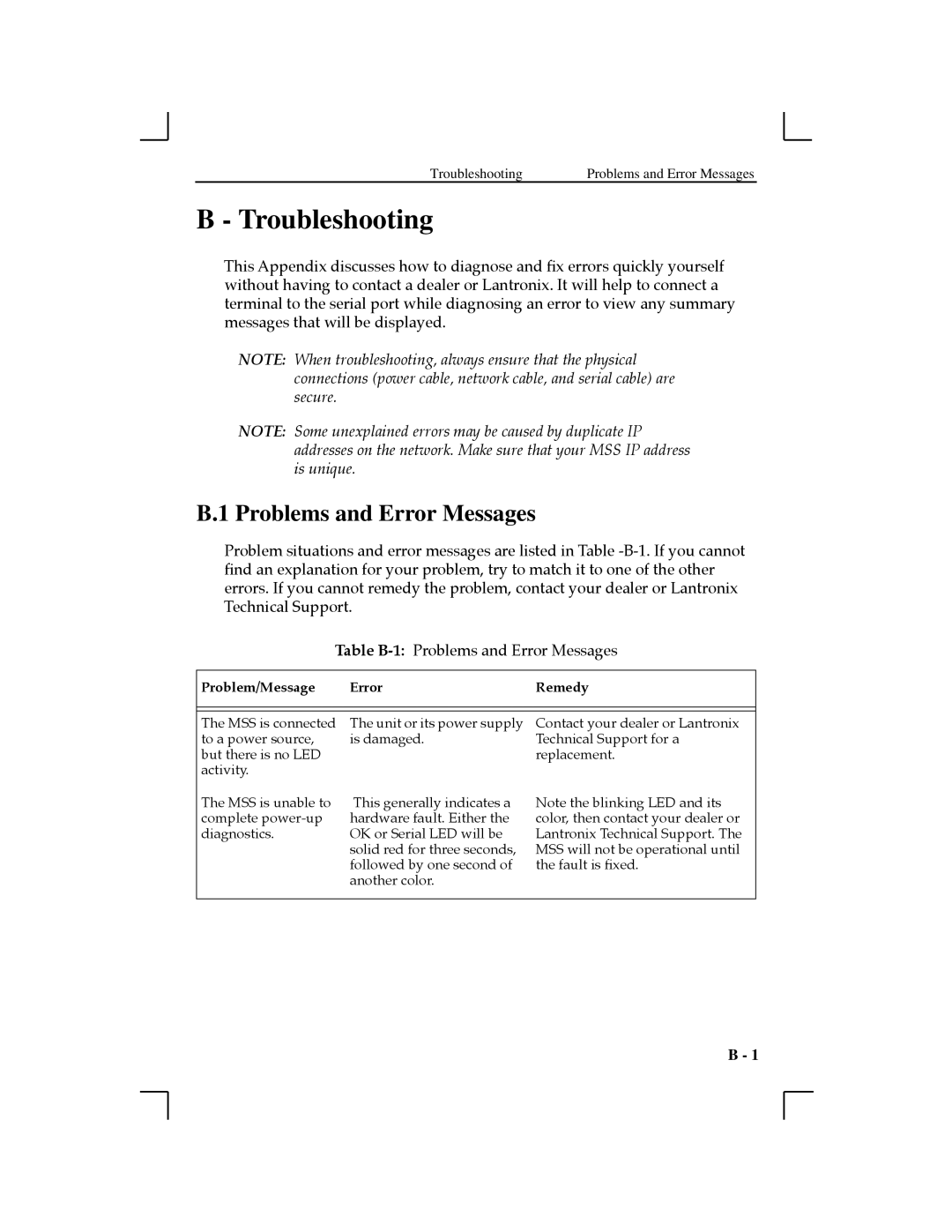 Lantronix MSS100, 1-T2 manual Troubleshooting, Problems and Error Messages 