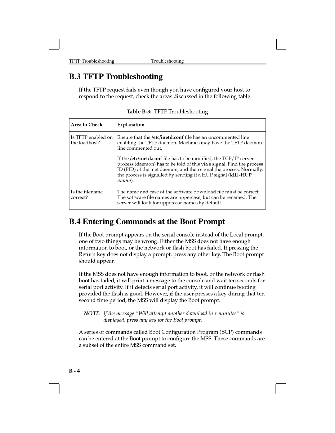 Lantronix MSS100, 1-T2 manual Tftp Troubleshooting, Entering Commands at the Boot Prompt 