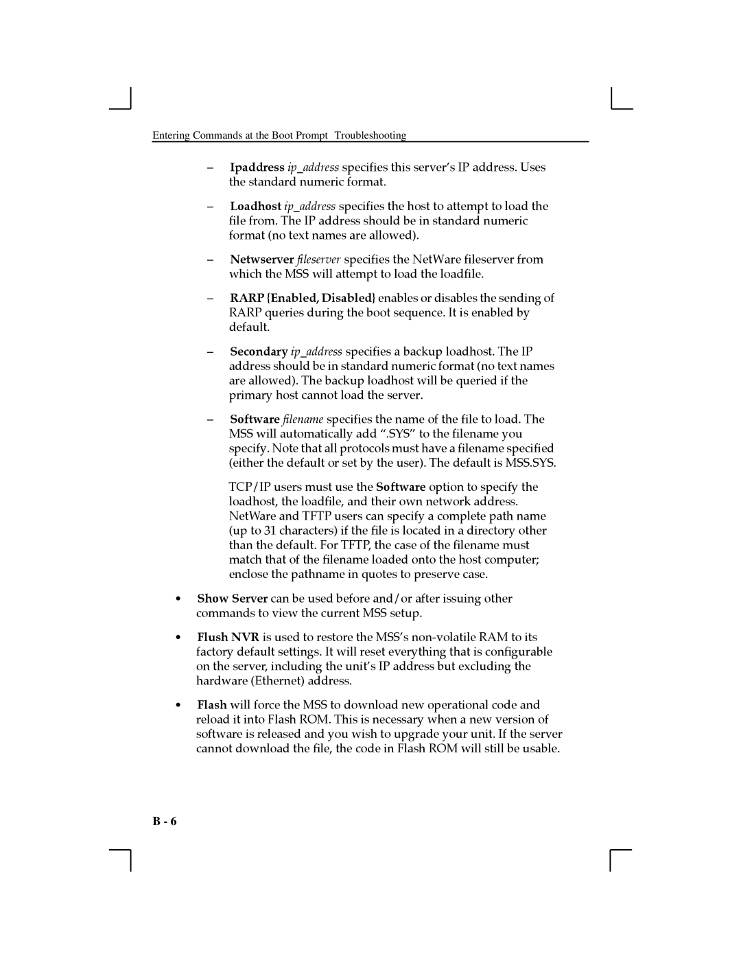 Lantronix MSS100, 1-T2 manual Entering Commands at the Boot Prompt Troubleshooting 