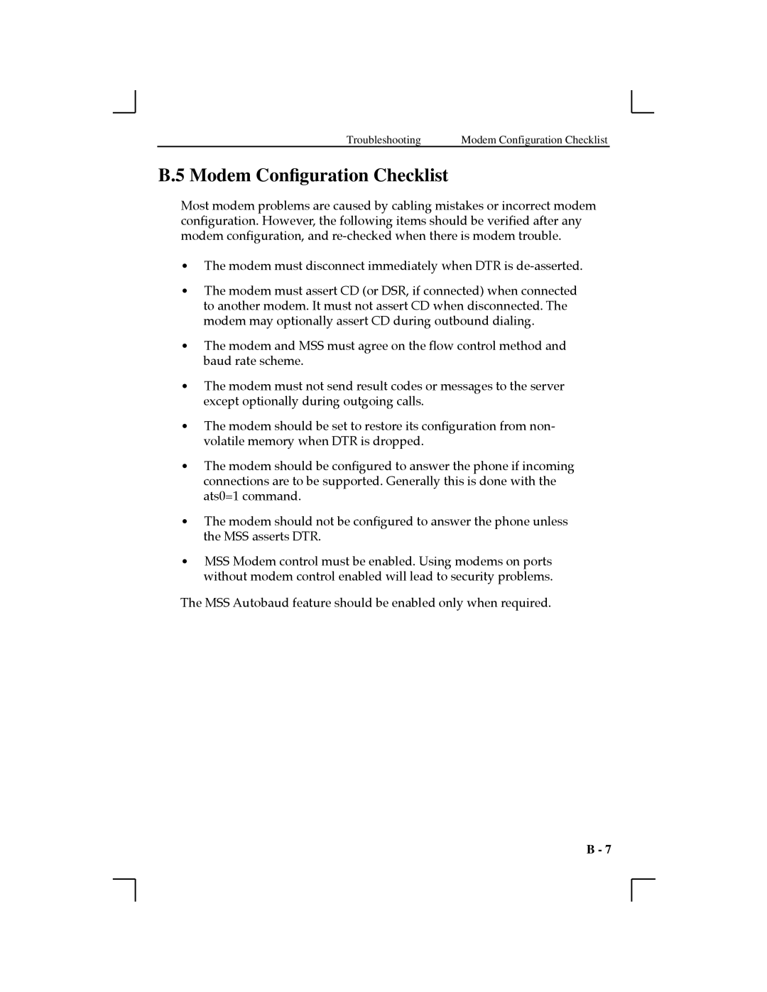 Lantronix MSS100, 1-T2 manual Modem Conﬁguration Checklist 