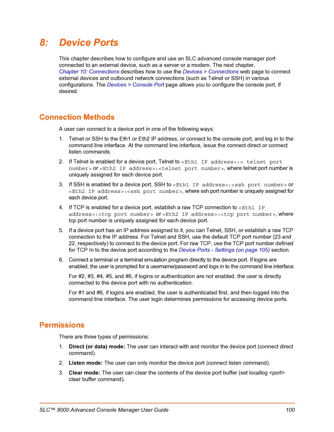 Lantronix SLC 8000 manual Device Ports, Connection Methods, Permissions 