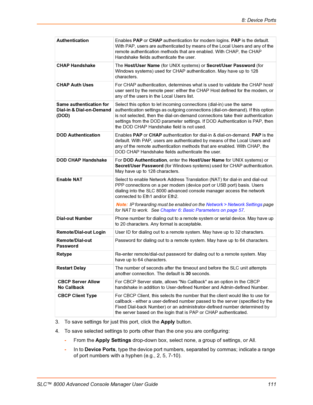 Lantronix SLC 8000 manual Chap Auth Uses, Same authentication for, Dial-in & Dial-on-Demand, DOD Authentication, Enable NAT 