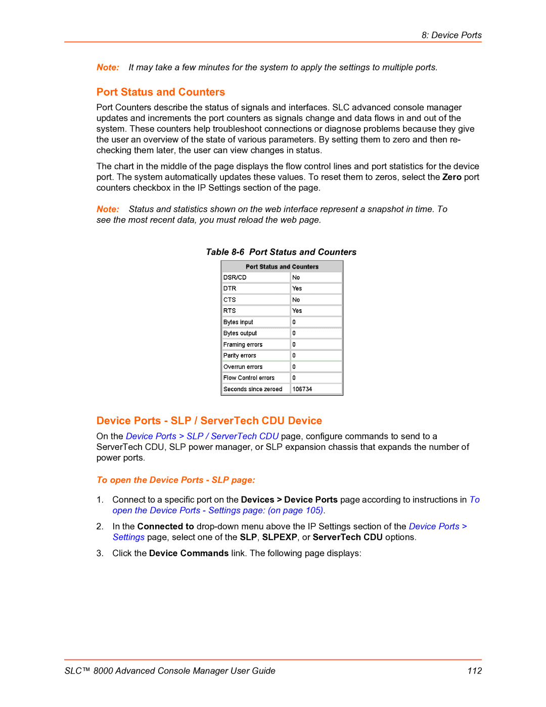 Lantronix SLC 8000 manual Port Status and Counters, Device Ports SLP / ServerTech CDU Device, To open the Device Ports SLP 