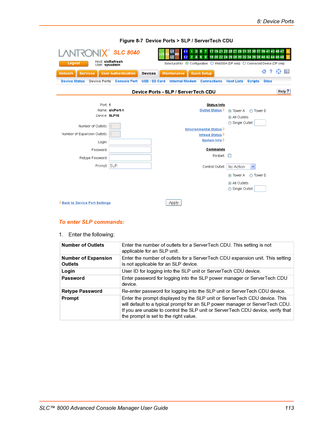 Lantronix SLC 8000 manual To enter SLP commands, Number of Outlets, Number of Expansion, Prompt 