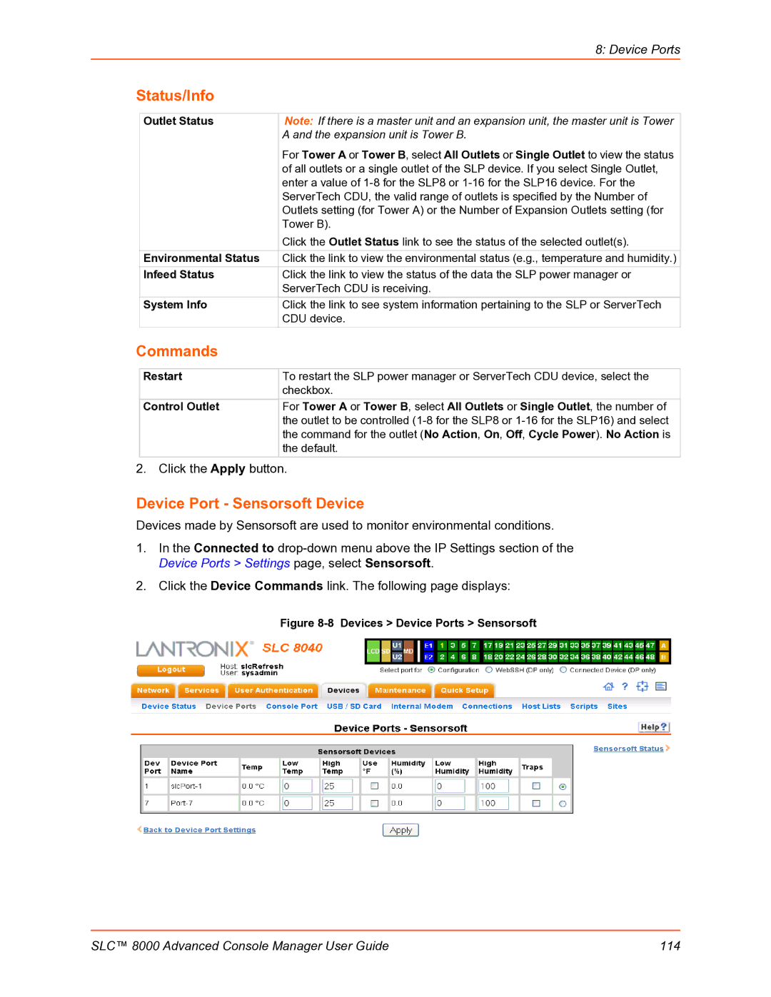 Lantronix SLC 8000 manual Device Port Sensorsoft Device, Devices Device Ports Sensorsoft 