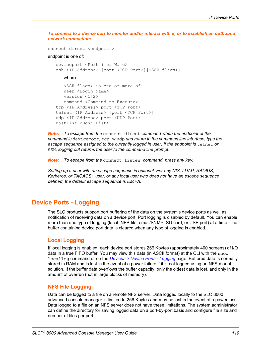 Lantronix SLC 8000 manual Device Ports Logging, Local Logging, NFS File Logging, Connect direct endpoint 
