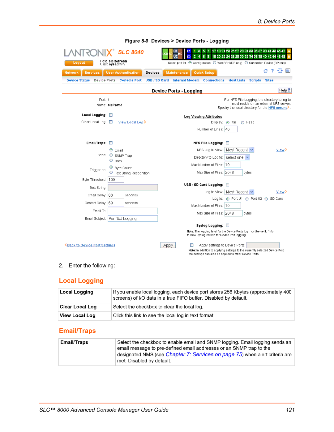 Lantronix SLC 8000 manual Email/Traps, Local Logging 