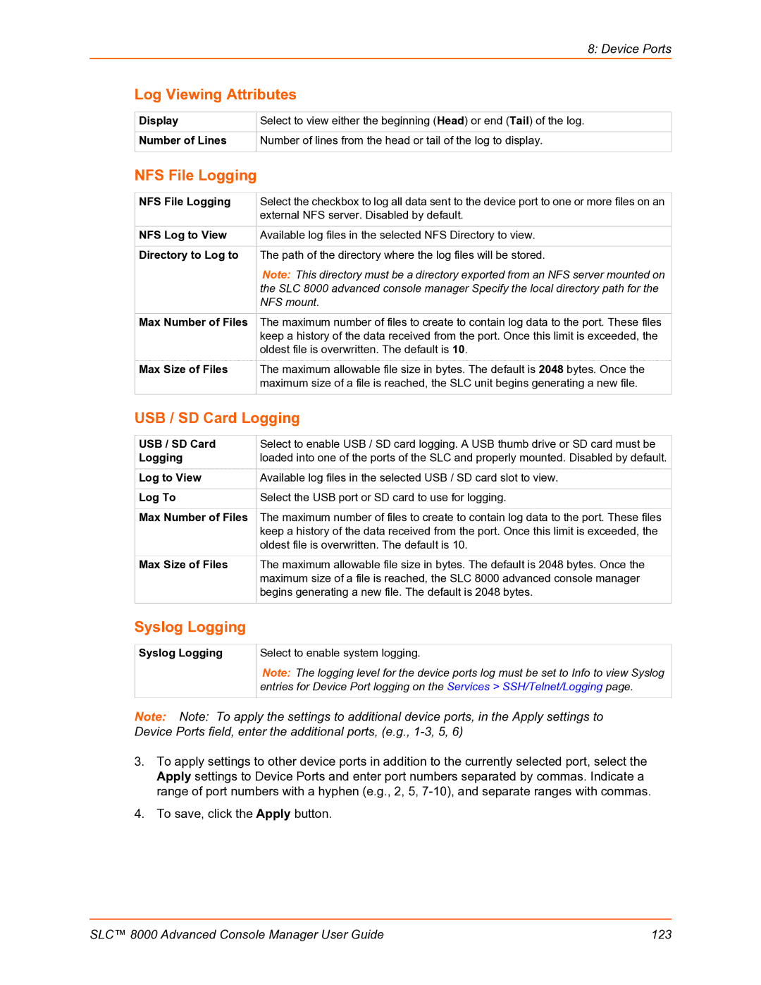Lantronix SLC 8000 manual Log Viewing Attributes, USB / SD Card Logging, Syslog Logging 