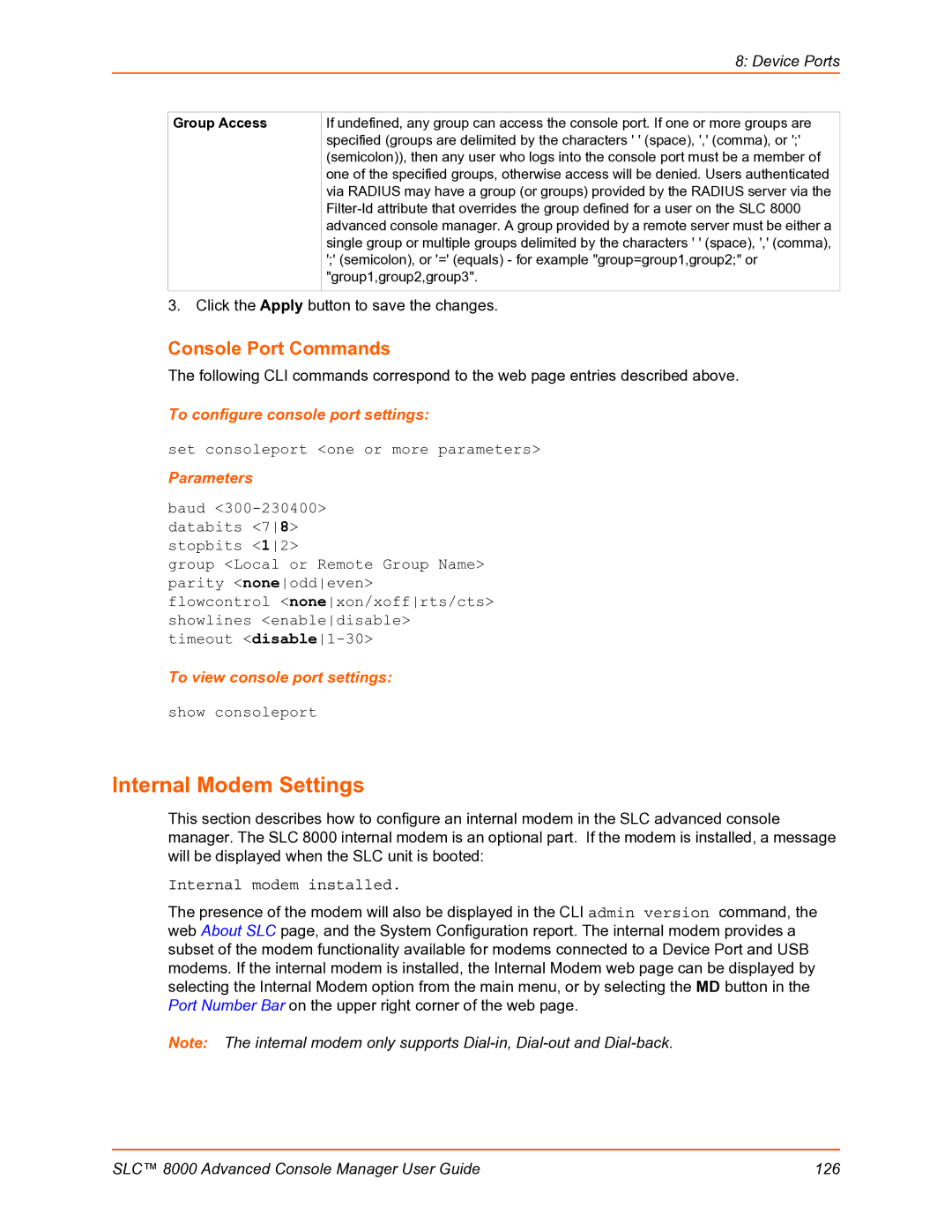 Lantronix SLC 8000 manual Internal Modem Settings, Console Port Commands, To configure console port settings 