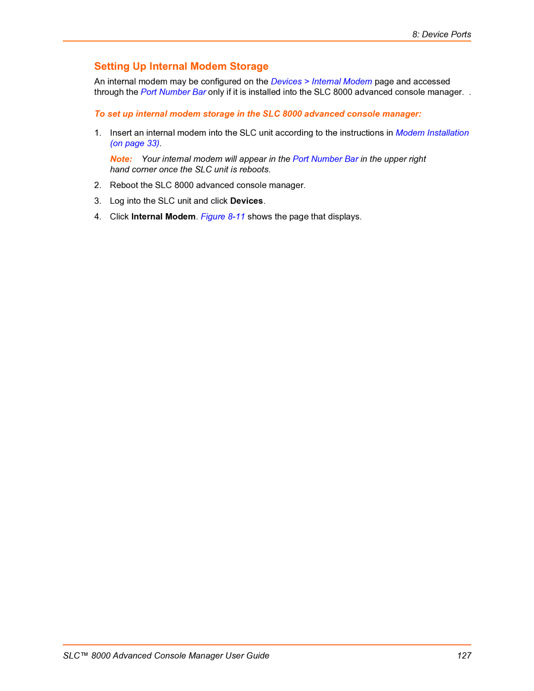 Lantronix SLC 8000 manual Setting Up Internal Modem Storage 