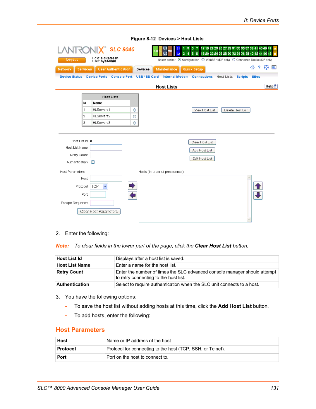 Lantronix SLC 8000 manual Host Parameters, To retry connecting to the host list 