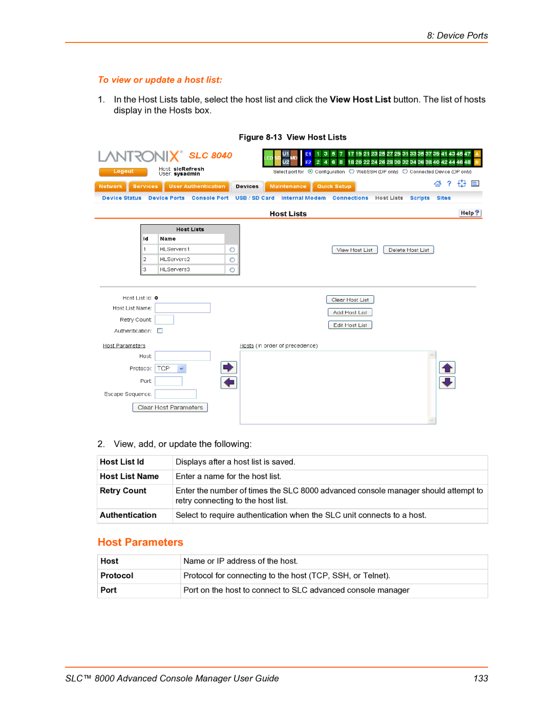 Lantronix SLC 8000 manual To view or update a host list, Retry connecting to the host list 