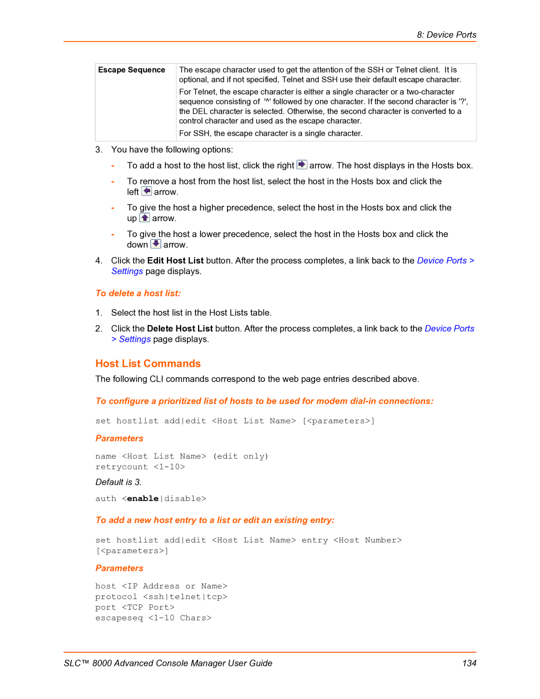 Lantronix SLC 8000 Host List Commands, To delete a host list, To add a new host entry to a list or edit an existing entry 