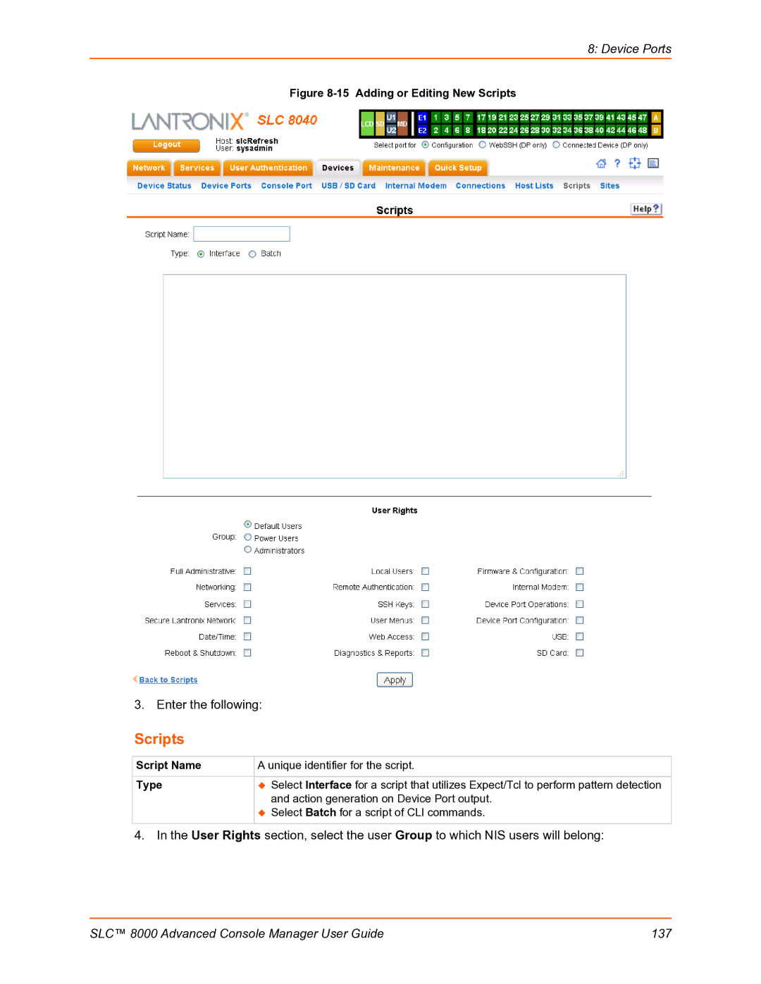 Lantronix SLC 8000 manual Scripts, Script Name, Type 