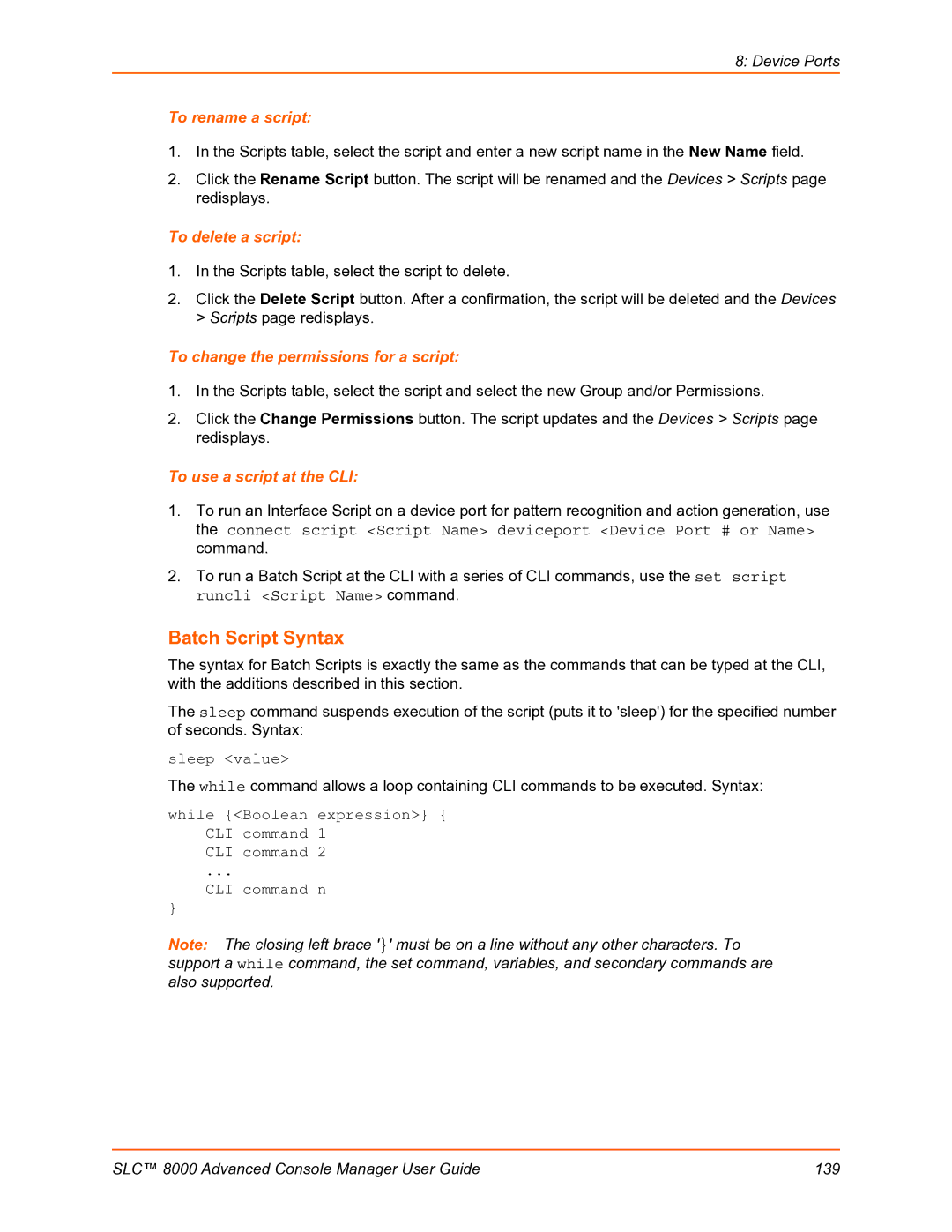 Lantronix SLC 8000 Batch Script Syntax, To rename a script, To delete a script, To change the permissions for a script 