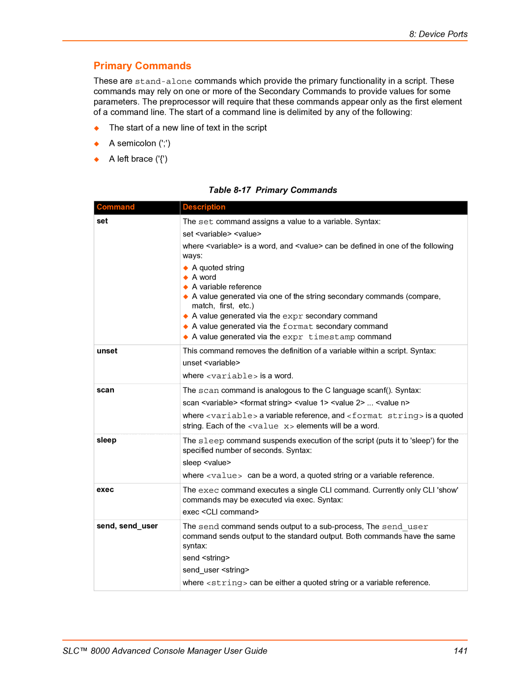 Lantronix SLC 8000 manual Primary Commands 