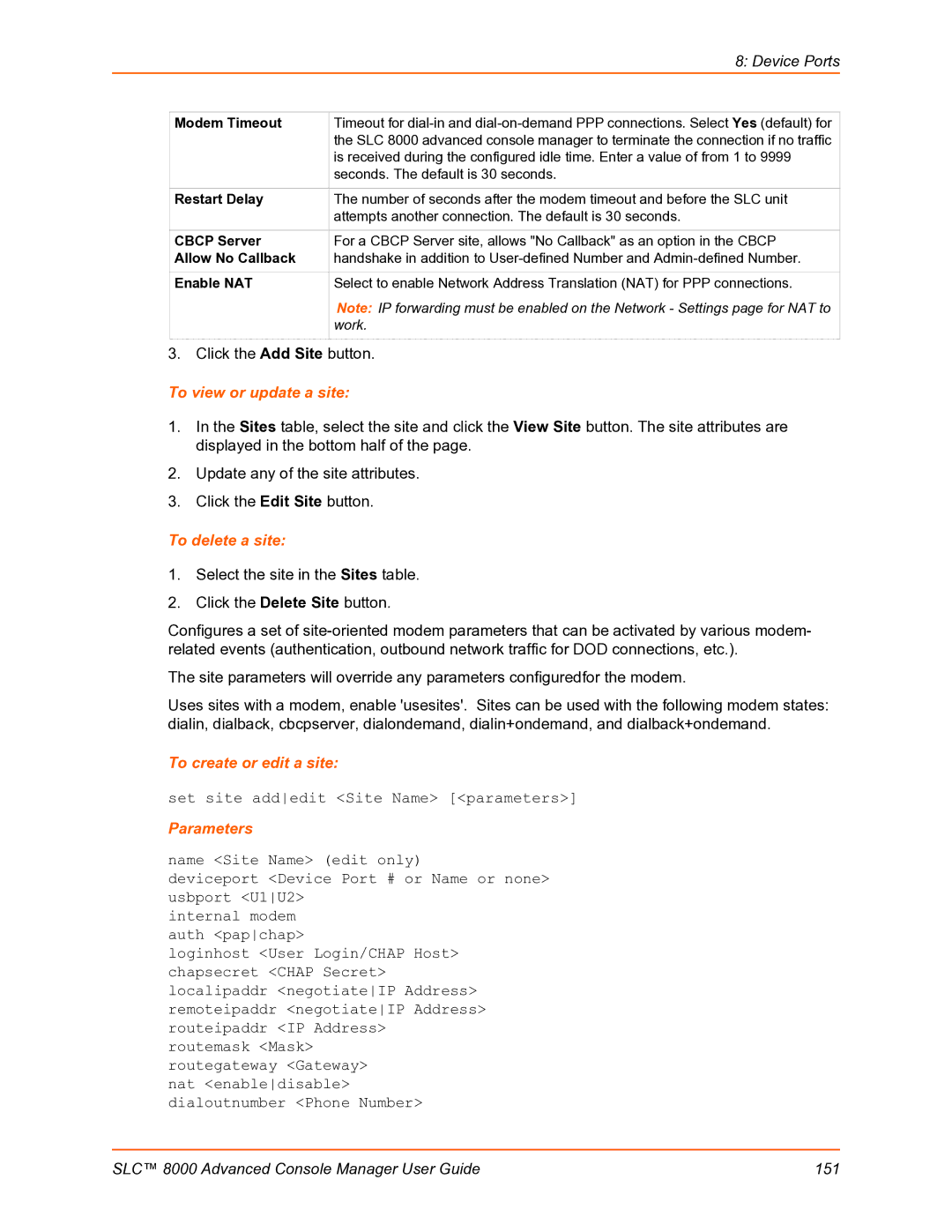 Lantronix SLC 8000 manual To view or update a site, To delete a site, To create or edit a site 