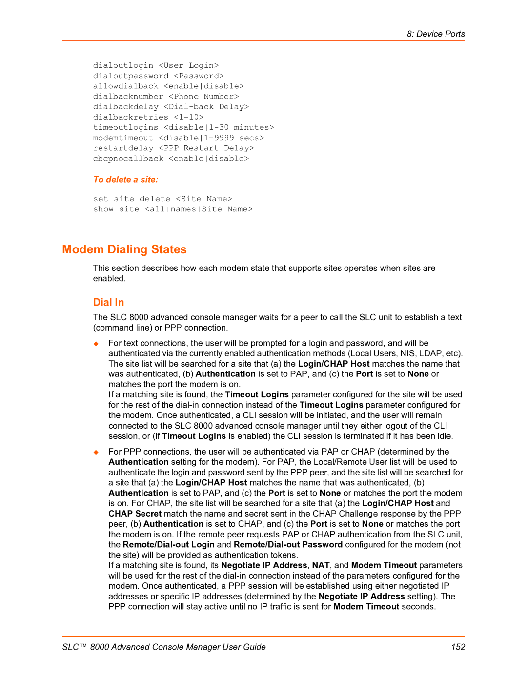 Lantronix SLC 8000 manual Modem Dialing States, Set site delete Site Name show site allnamesSite Name 