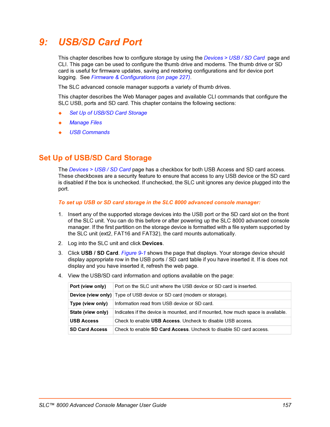 Lantronix SLC 8000 manual USB/SD Card Port, Set Up of USB/SD Card Storage 