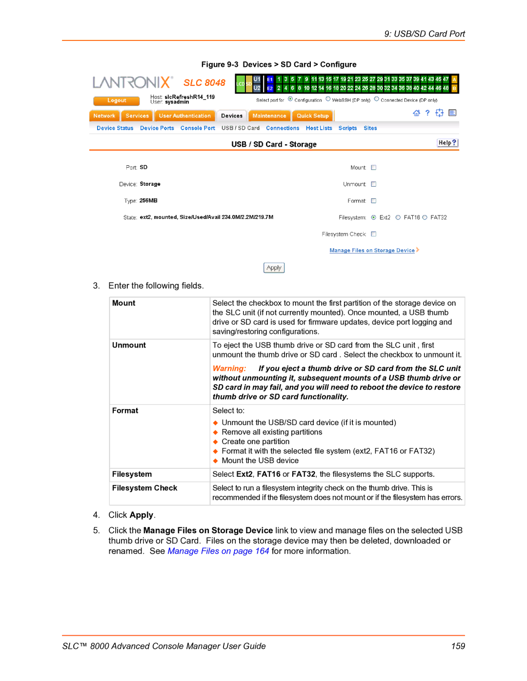 Lantronix SLC 8000 manual Unmount, Format, Filesystem Check 