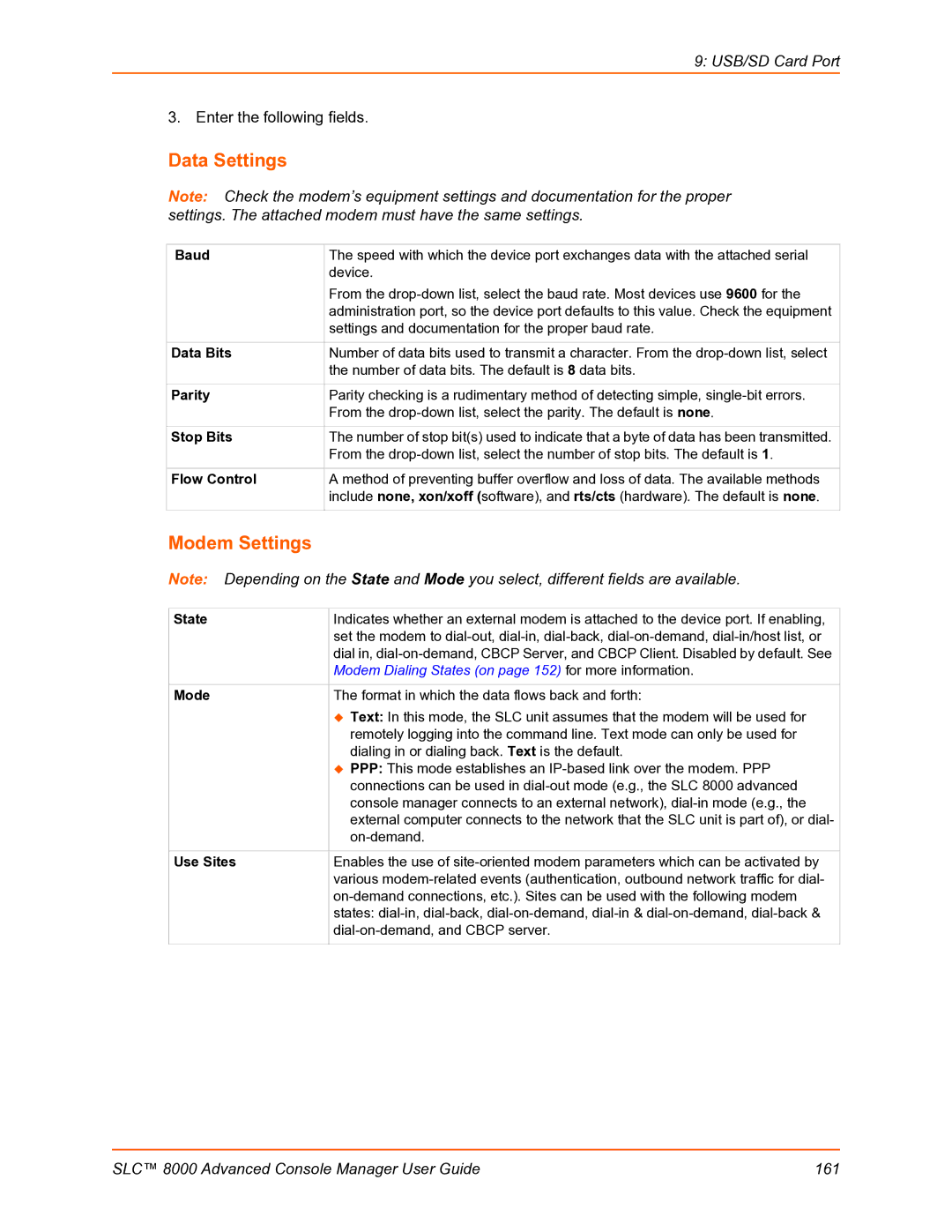 Lantronix SLC 8000 manual Data Settings, Modem Settings 