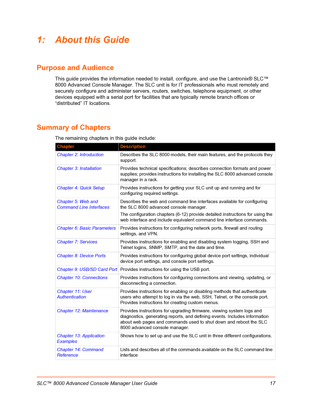 Lantronix SLC 8000 manual About this Guide, Purpose and Audience, Summary of Chapters 