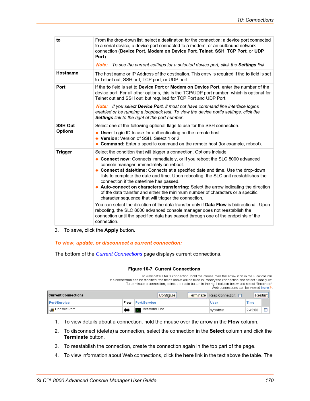 Lantronix SLC 8000 manual To view, update, or disconnect a current connection, SSH Out, Options, Trigger 