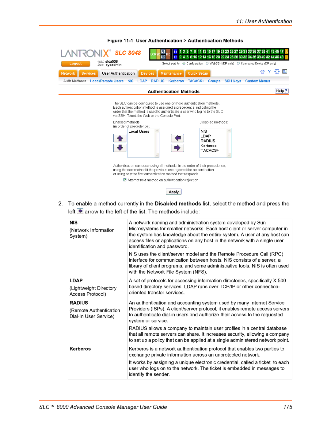 Lantronix SLC 8000 manual User Authentication Authentication Methods, Kerberos 