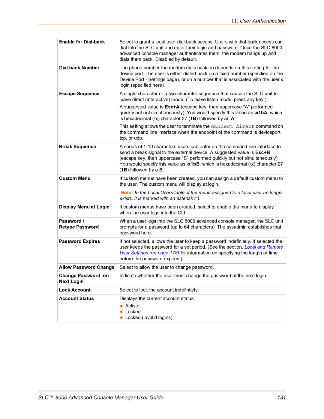 Lantronix SLC 8000 manual Enable for Dial-back, Custom Menu, Display Menu at Login, Password Expires, Allow Password Change 