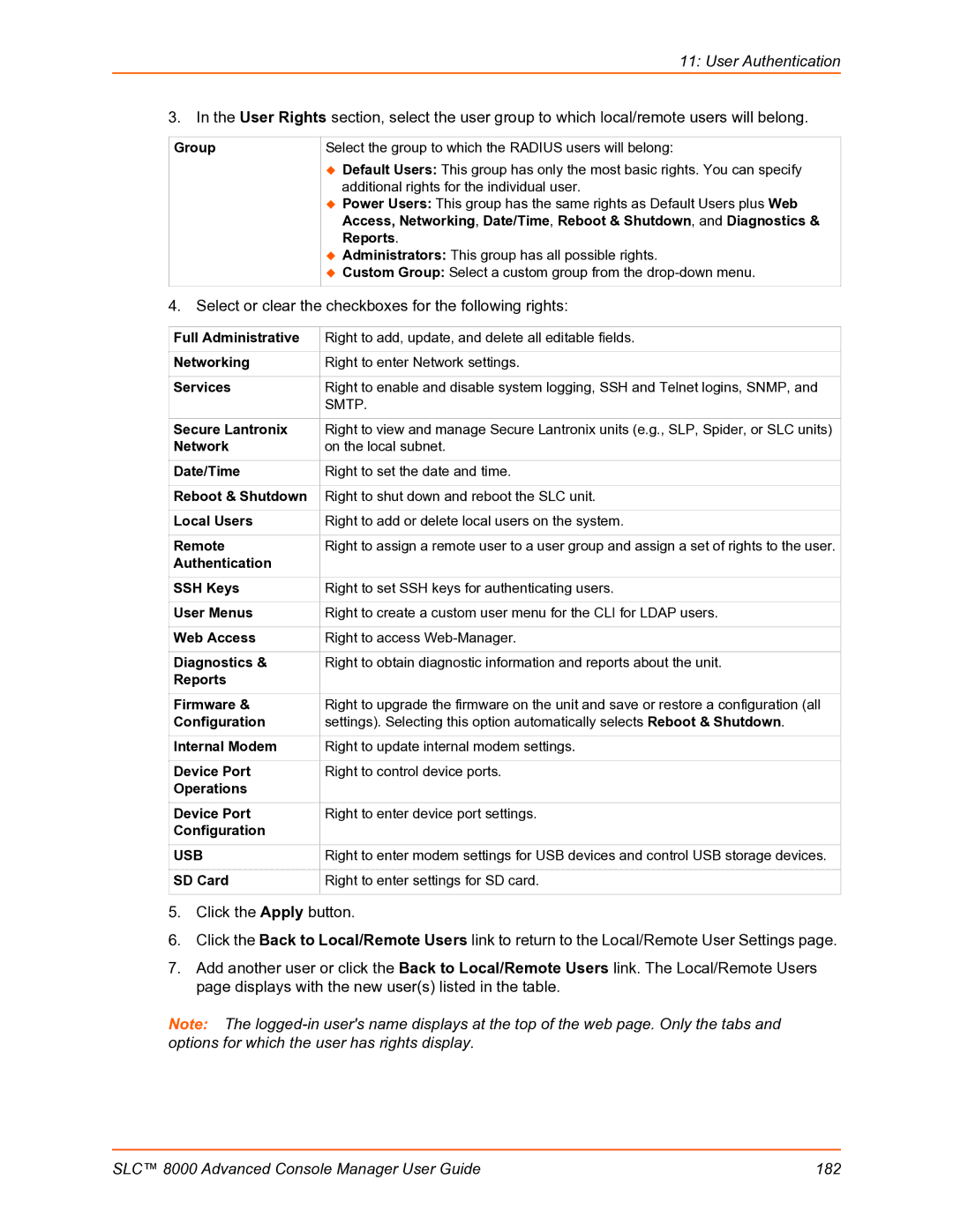 Lantronix SLC 8000 Select or clear the checkboxes for the following rights, SD Card Right to enter settings for SD card 