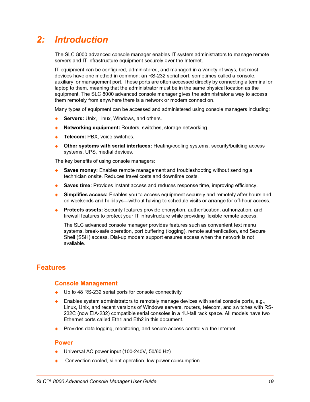 Lantronix SLC 8000 manual Introduction, Features, Console Management, Power 