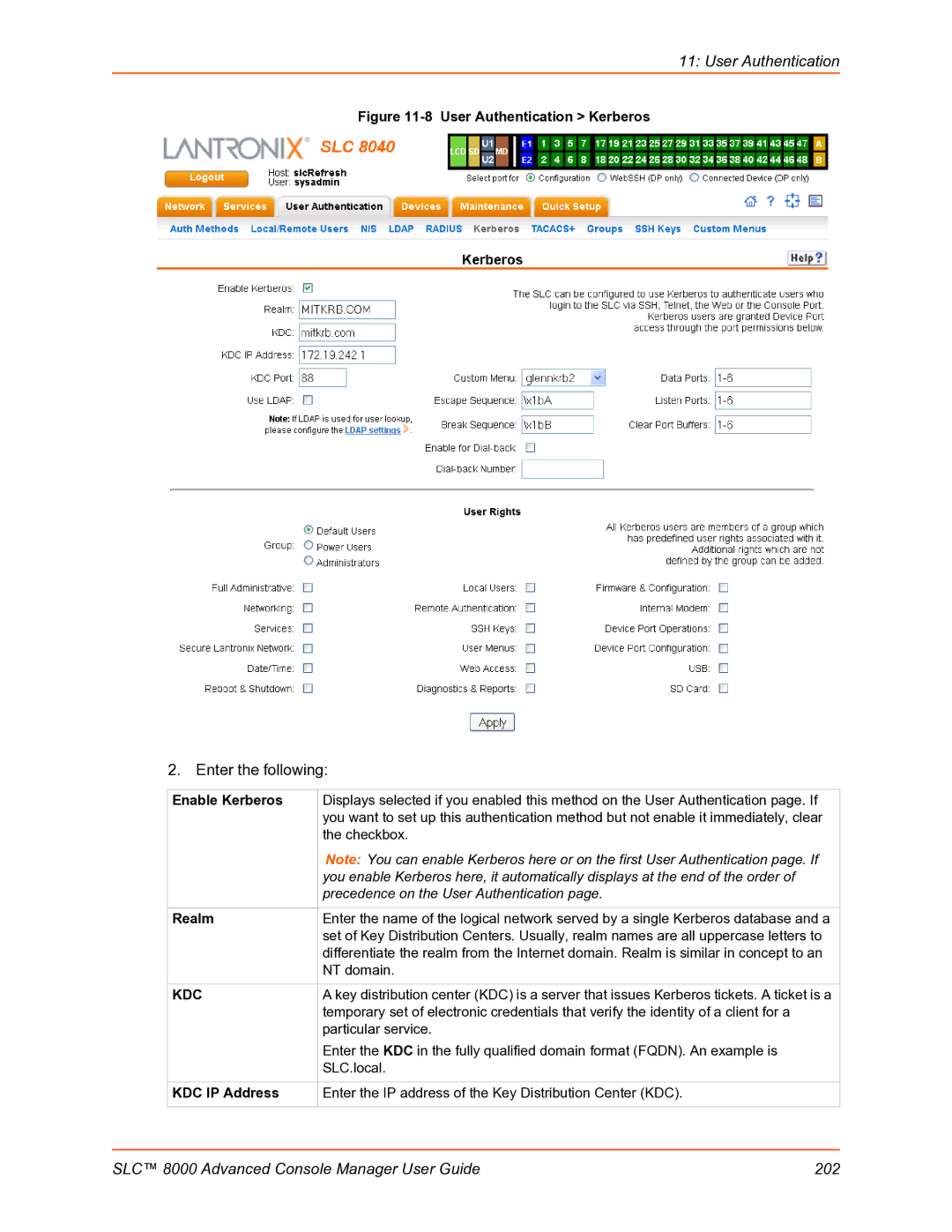 Lantronix SLC 8000 manual Enable Kerberos, Realm, KDC IP Address 