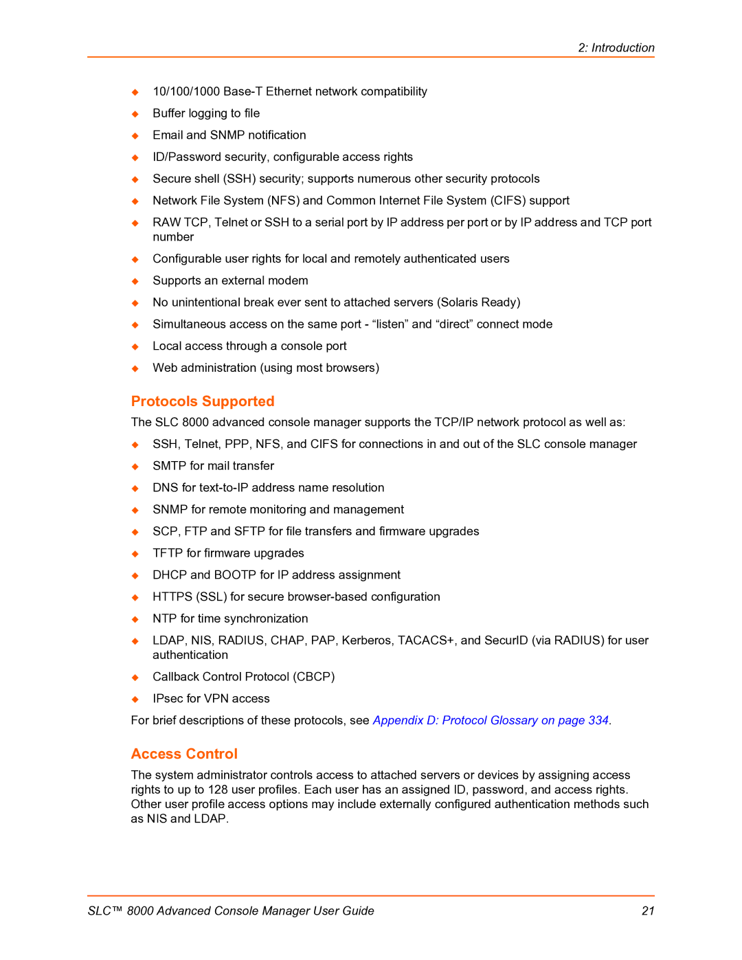 Lantronix SLC 8000 manual Protocols Supported, Access Control 