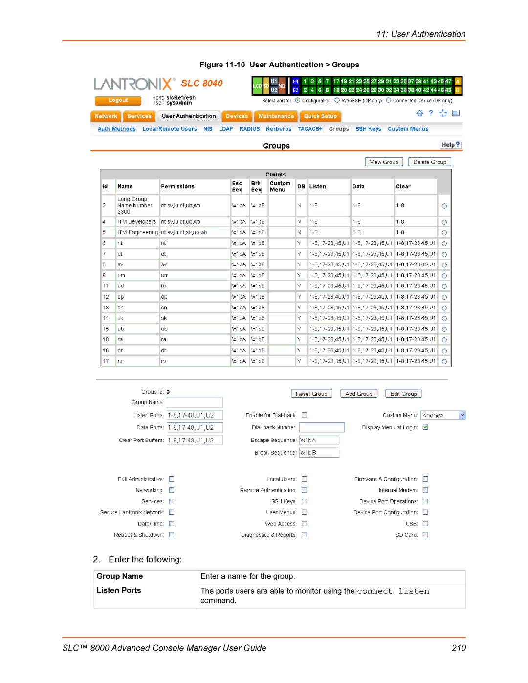 Lantronix SLC 8000 manual User Authentication Groups, Group Name 