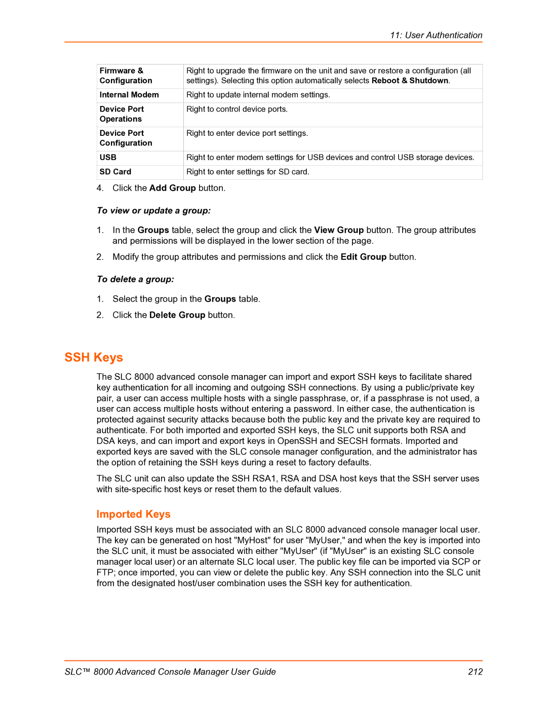 Lantronix SLC 8000 manual SSH Keys, Imported Keys 