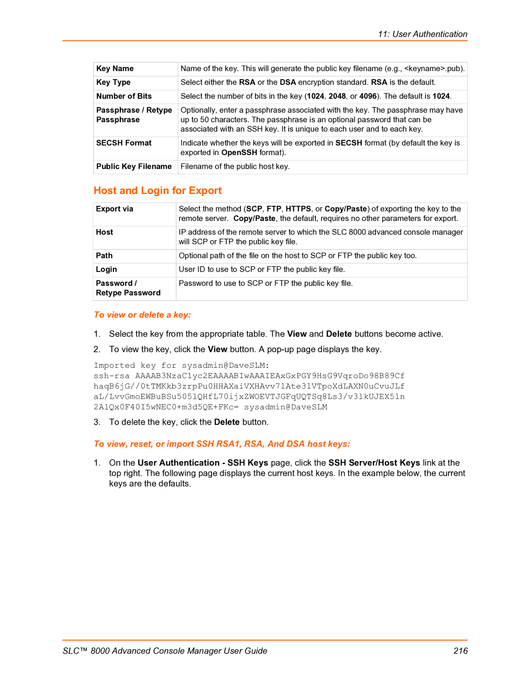 Lantronix SLC 8000 manual Host and Login for Export, To view or delete a key, Key Name, Will SCP or FTP the public key file 