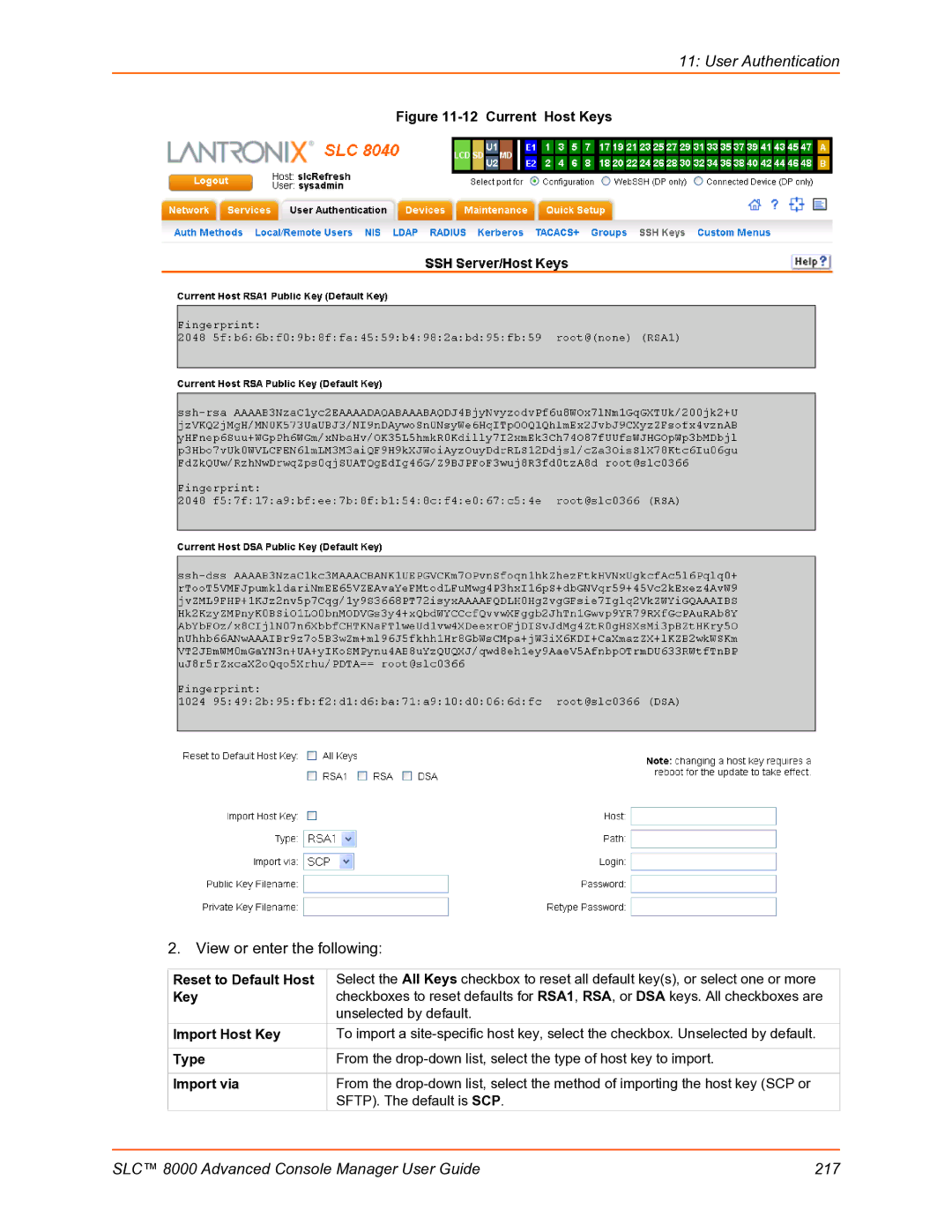 Lantronix SLC 8000 manual Reset to Default Host, Import Host Key 