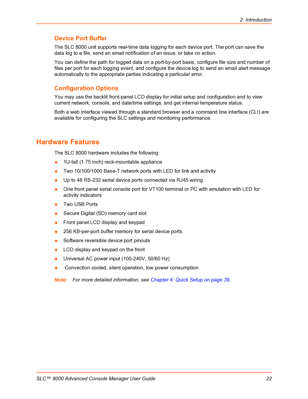 Lantronix SLC 8000 manual Hardware Features, Device Port Buffer, Configuration Options 